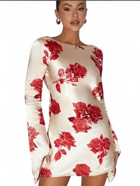 Meshki Red Rose Print Long Sleeve Mini Dress - Ivory